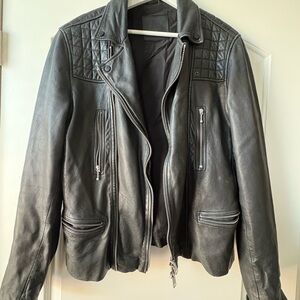 All Saints Black Leather Jacket with Quilted Shoulders